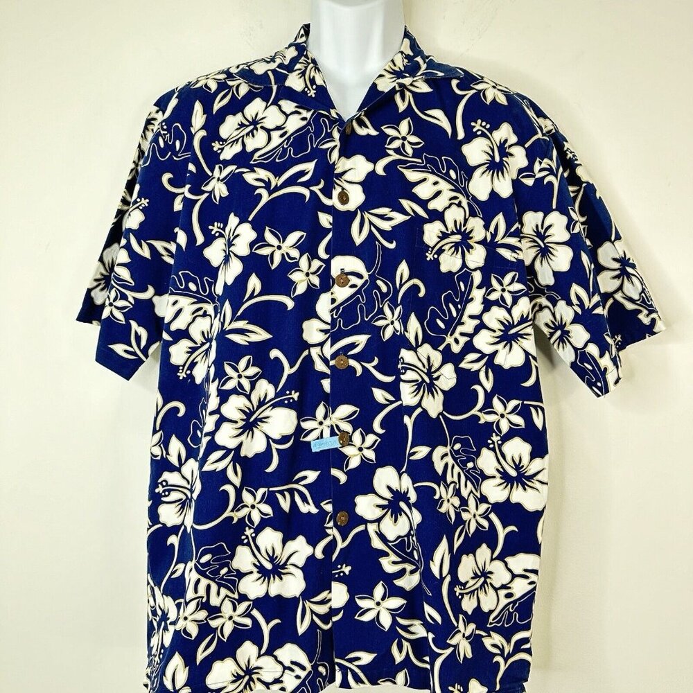 Vtg Hilo Hattie Hawaiian Print Floral Shirt Hibicus Flowers Men’s Navy Blue Med